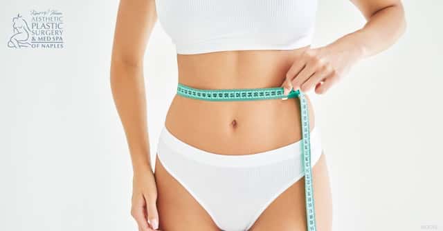 A woman in white lingerie measures her waist with a measuring tape. (MODEL) Kent V. Hasen, MD: Aesthetic Plastic Surgery & Med Spa of Naples (logo)