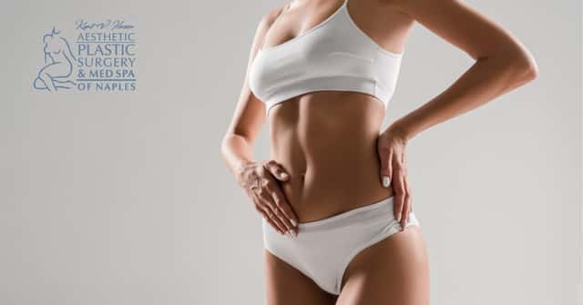 Woman in a white bikini standing in front of a gray background (model) Kent V. Hasen, MD Logo