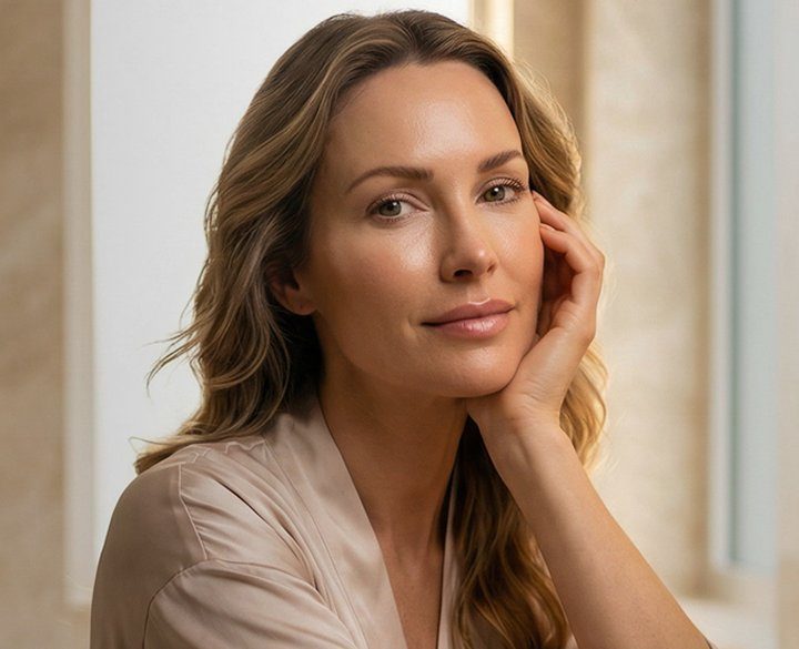 Woman with hand resting near her face
