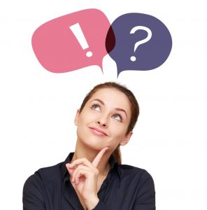 Woman thinking with exclamation point and question mark in thought bubbles