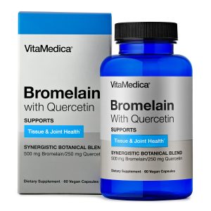 Bottle and packaging for bromelain with quercetin supplement.