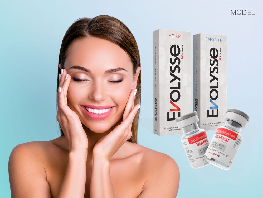 Smiling woman touching her face with closed eyes, shown alongside Evolysse dermal filler boxes and Jeuveau injectable vials.