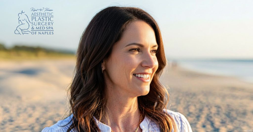 Mature woman with refreshed facial appearance after facelift (model)